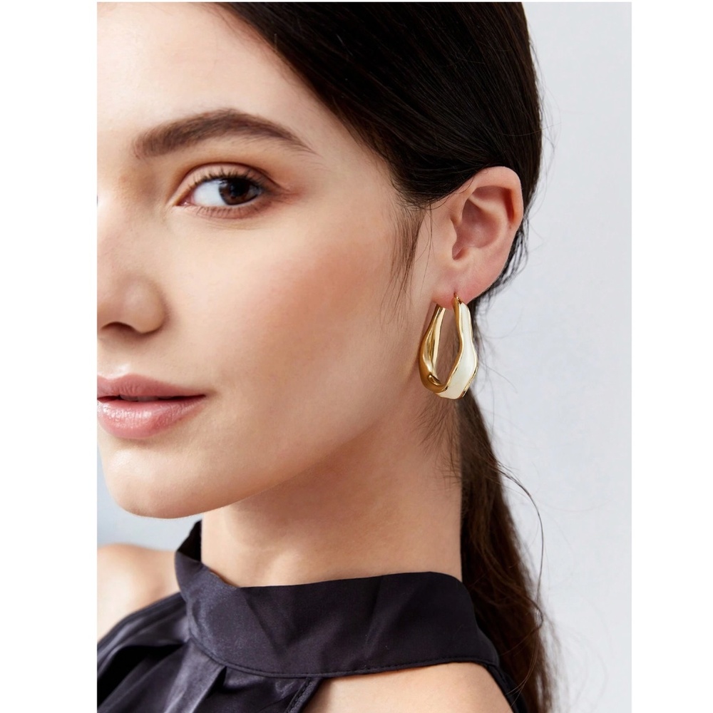 Yellow Gold Tone Irregular Shape Hoop Earrings Off White Filling - Picture 2 of 8